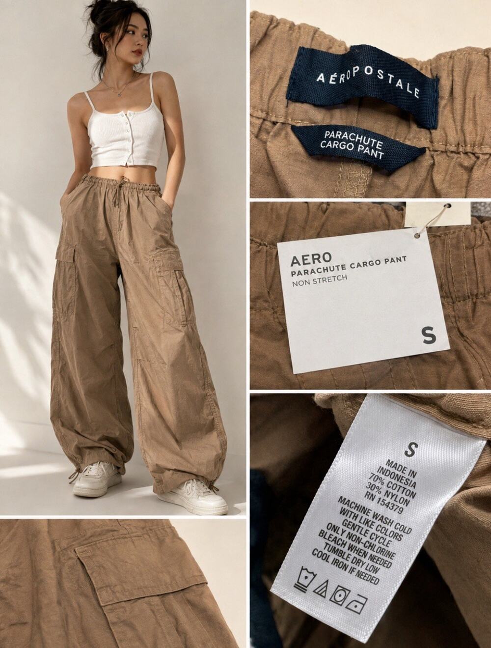 NWT Streetwear Aeropostale Parachute Cargo Pants Wide Leg Size S Brown Utility